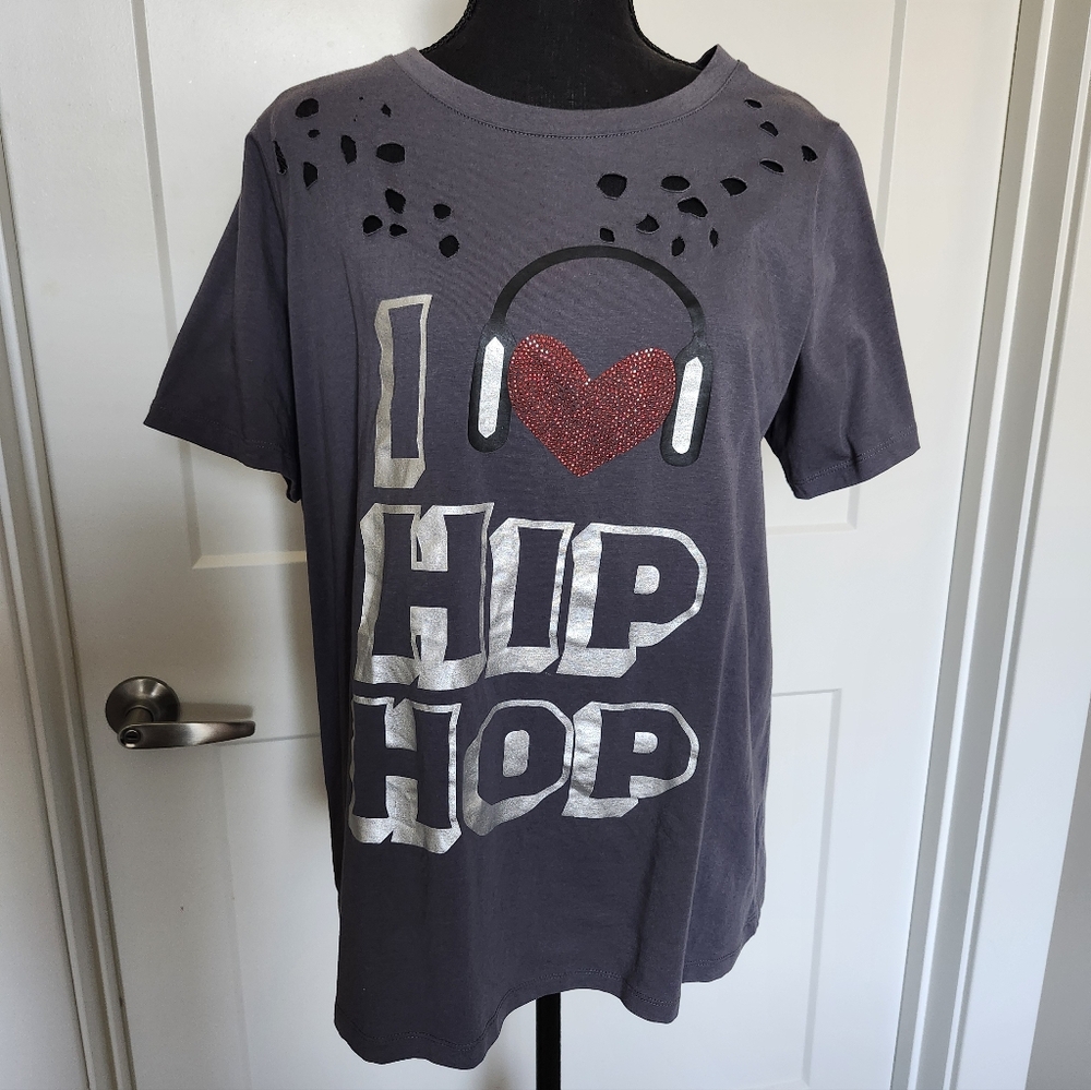 Ashley Stewart Gray Graphic 'I Love Hip Hop' Tee with Red Heart